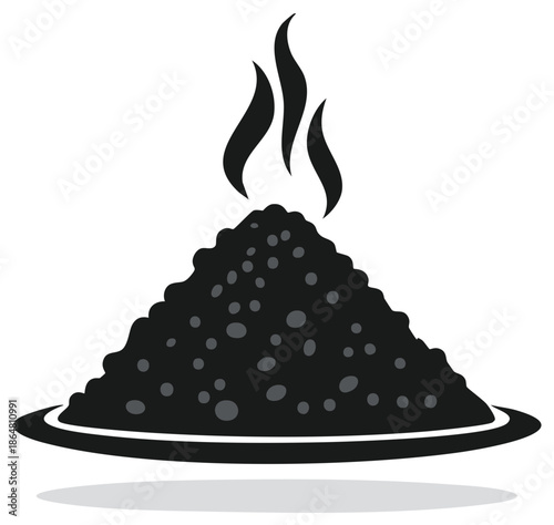 Pile of hot volcanic rock ash on plate. Steam or smoke from pile. Icon or vector graphic.