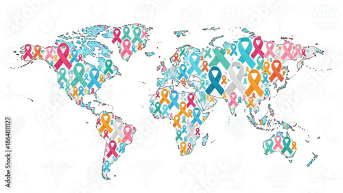 A colorful illustration of a world map covered with multicolored awareness ribbons symbolizing global health and support with health with cause