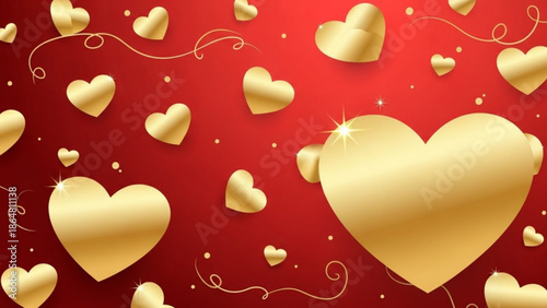 Golden hearts floating on a vibrant red background with swirling lines and sparkles for valentine's day or love themed designs with romance
