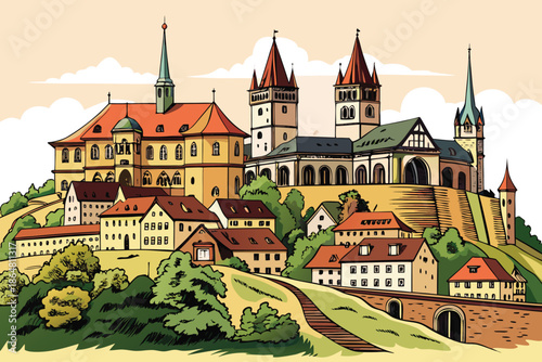 Charming European Castle Complex on a Verdant Hillside.