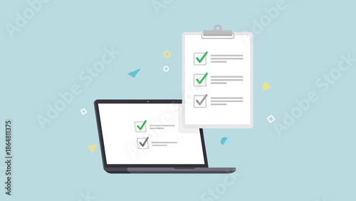 Laptop and checklist with green checkmarks on blue background.