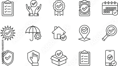 Checklist icons set, task approval symbols, project planning outline, productivity management, workflow process, business organization, quality assurance, goal achievement, success, review