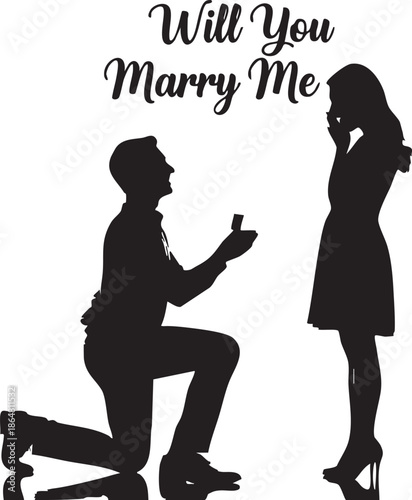 Silhouette of man proposing to woman with will you marry me text proposal marriage proposal black silhouette