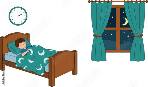 Child lying in bed at night, stars and moon outside window, bedtime illustration, sleep routine, cozy blanket, nighttime concept