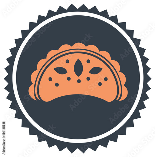 Orange Taco Graphic in a dark medallion shape and border, flat illustration, food icon