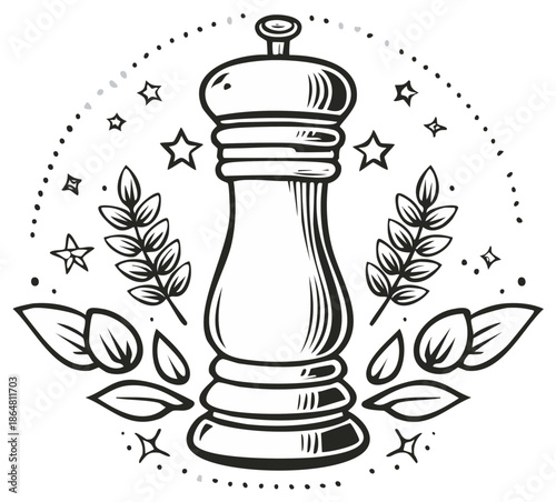 Hand drawn pepper grinder with seasoning herbs and stars illustration