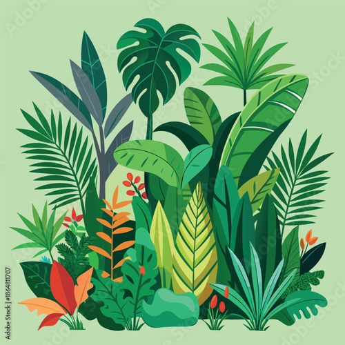 Vibrant Jungle Foliage With Diverse Tropical Plants.