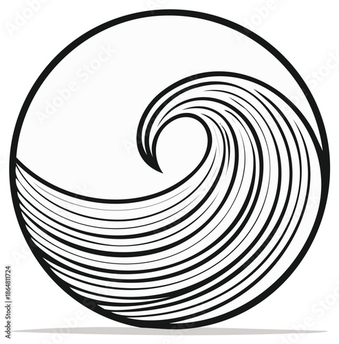 Stylized Wave Emblem of Ocean Waters in Round Minimalist Black and White Line Art Graphic Illustration