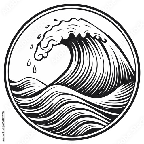 Stylized ocean wave with splashing water in a round frame classic black and white illustration