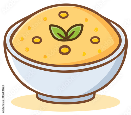 Cute cartoon bowl of warm creamy soup porridge with green leaves and yellow kernels vector illustration