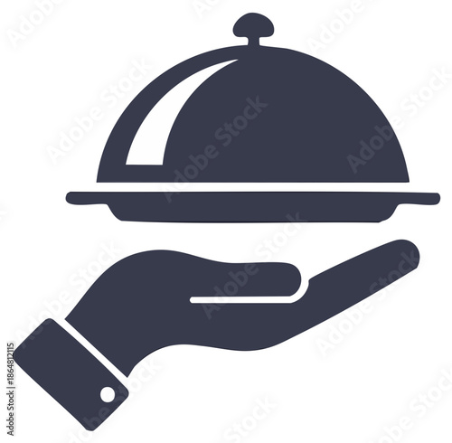 Server hand presenting a meal on a covered serving tray cloche icon for food service