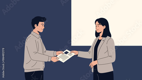 Business Transaction Between Man and Woman in Office Setting Illustration