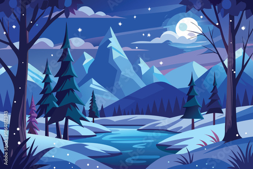Winter Forest Scene With Snow And Mountains.