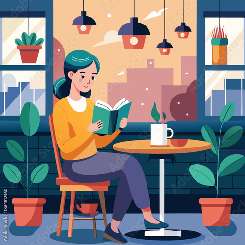 Young woman engrossed in reading a book at a cafe.