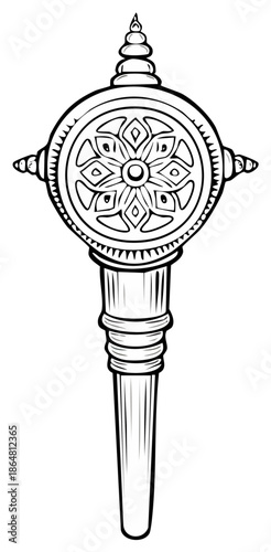 Black and white illustration of a stylized Dharma Wheel icon