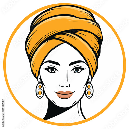 Stylized Portrait of Woman with Turban and Earrings in Circle Border, Headshot Illustration
