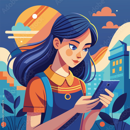 Young woman engrossed in her smartphone outdoors.