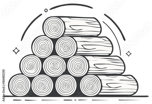 Monochrome Stylized Firewood Stack Outline Illustration for Winter Heating