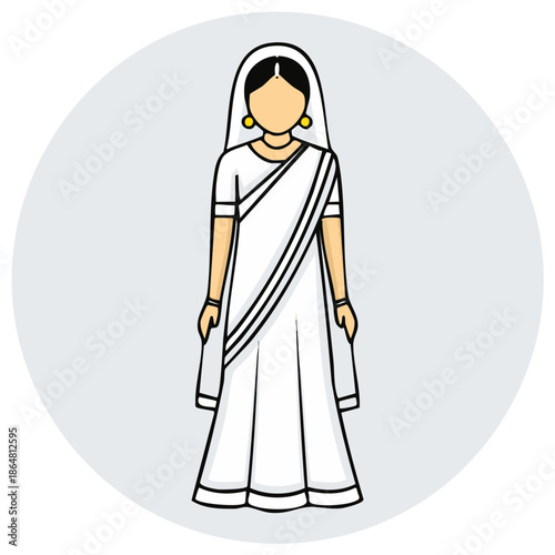 Woman in Traditional Indian Sari and Jewelry Illustration on Gray Round Background