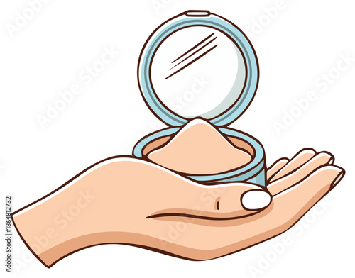 Powder Compact in Hand Cartoon Style: Woman Holding Open Face Powder Case with Mirror
