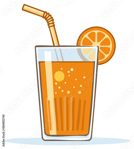 Refreshing orange juice drink in a glass with a straw and orange slice garnish cartoon illustration
