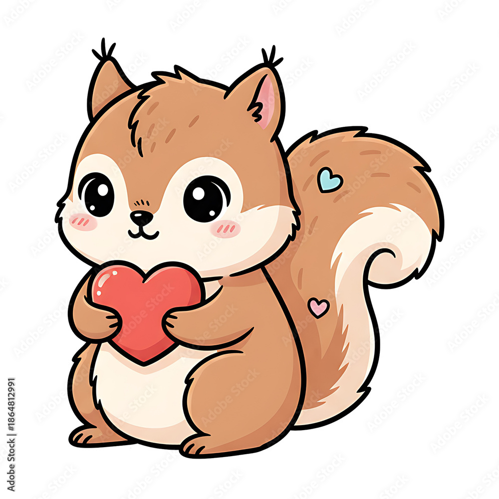 Obraz premium Adorable cartoon squirrel holding a red heart isolated on transparent background