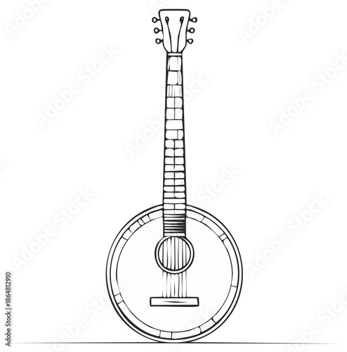Banjo Illustration: Stringed Instrument with Round Body, Drawn with a Pen, Musical Theme