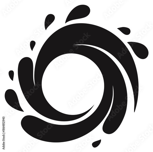 Dynamic circular swirl of liquid with splashes. Simple black graphic illustration of a water wave
