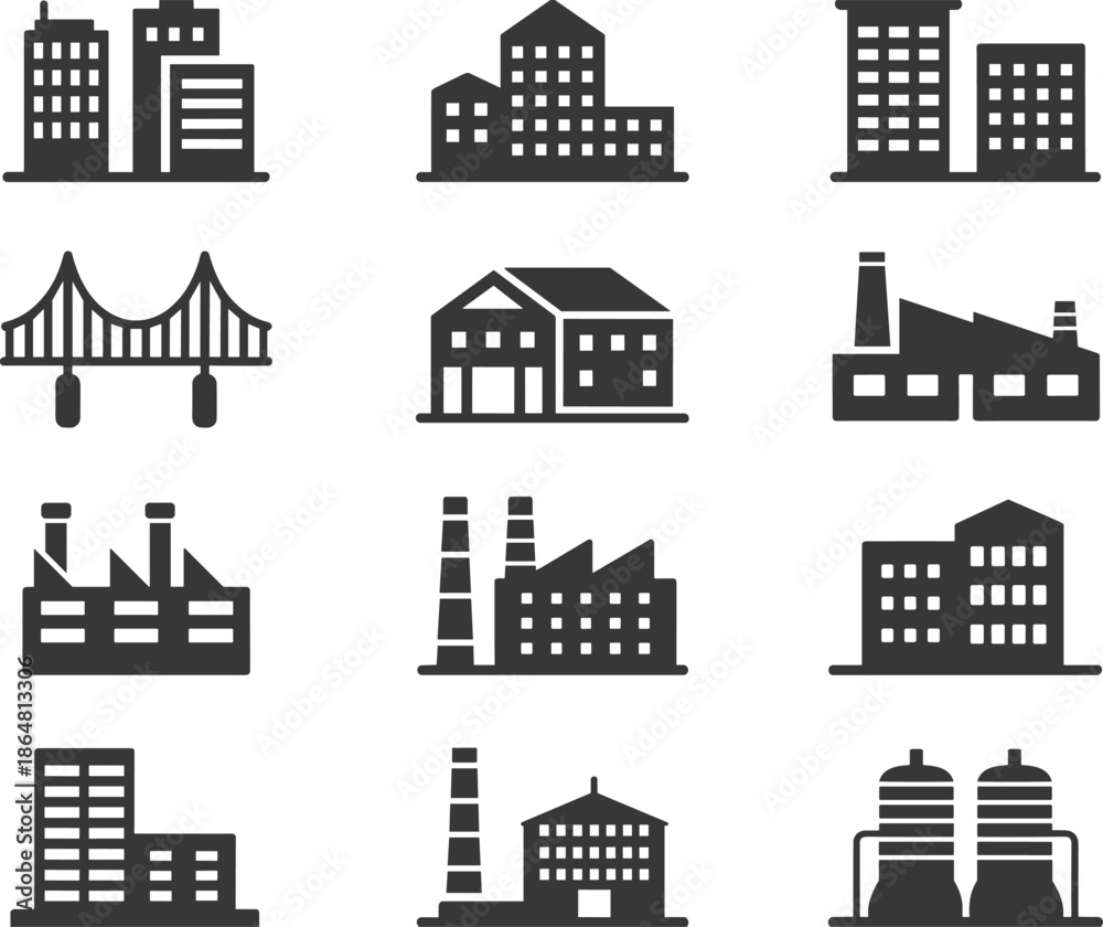 Fototapeta premium City and industrial building icons set, factory, apartment, bridge, and infrastructure silhouettes for urban development, real estate, planning design