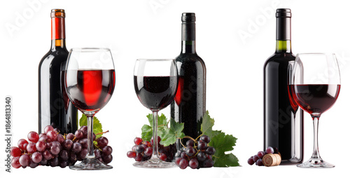 set of red wine in glass with bottle and grapes isolated on transparent background