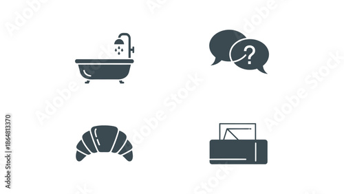 A set of four simple vector icons including a bathtub, croissant, and help symbol