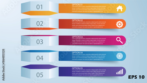 5-Step Business Infographic Template. Professional 3D Hexagonal Banners with Long Rounded Ribbon Tails, Numbered Steps, and Strategic Icons. Vector Illustration for Sequential Process Flows