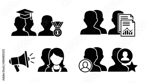 Black silhouette icons depicting graduation success communication and people