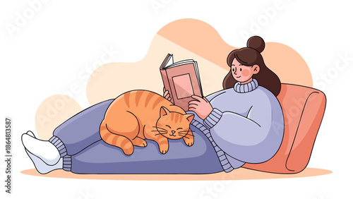 A woman relaxes on a couch with her cat while reading a book