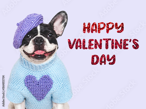 Happy Valentine's Day. Cute puppy and congratulatory inscription