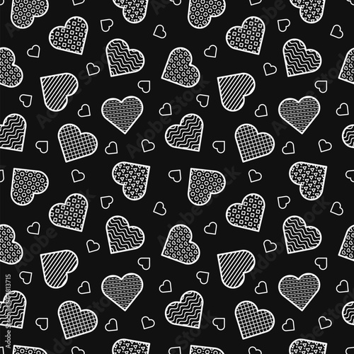 Valentine's seamless patterns with white hearts on black background. for fabric print, gift wrapping paper, wallpaper, wedding decor. Vector illustration