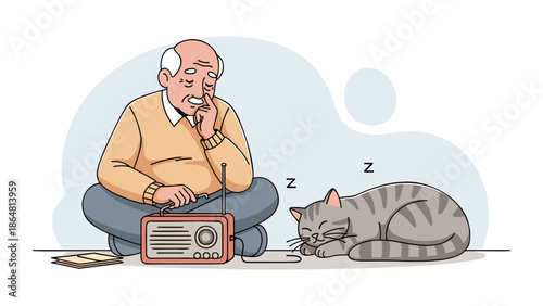An elderly man sitting cross-legged on the floor listens to the radio while a cat sleeps beside him in a relaxed home environment from a front Page view