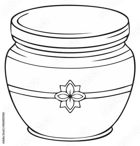 Stylized ceramic jar with floral ornament and lid line art