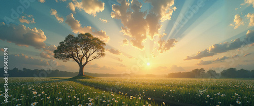 Majestic tree standing alone in sunlit field at sunrise  