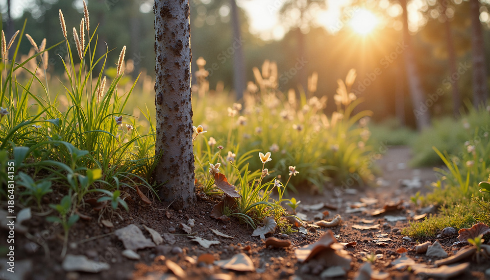 Obraz premium Sunlight shining through trees on a grassy forest pathway 