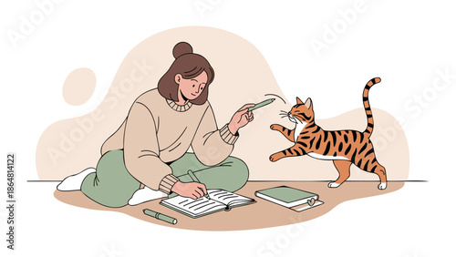 Woman drawing cat on paper with pencil in a relaxed home environment from a front Page Page Page Page Page