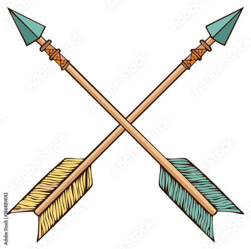 Hand Drawn Crossed Arrows with Colorful Fletching and Arrowheads Bohemian Style Design
