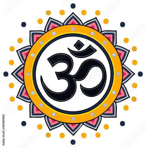 Sacred Om symbol adorned with a vibrant floral mandala and decorative dots, representing spirituality and Hinduism