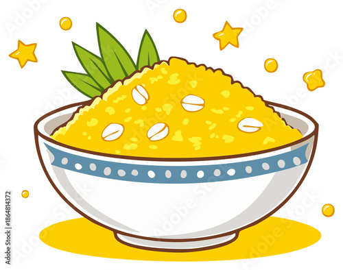 Cartoon style dish of porridge served in a decorated bowl with stars around it