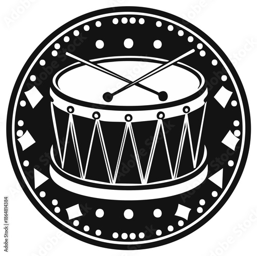 Black and White Drum with Sticks in a Circular Decorative Frame Graphic