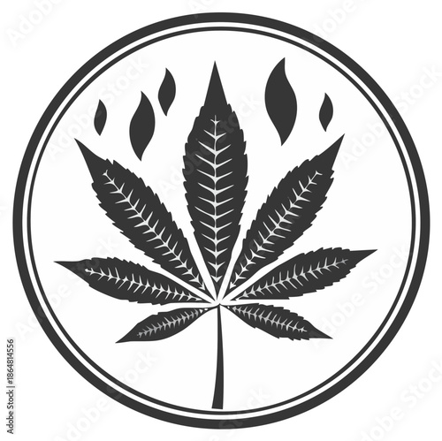 Stylized cannabis leaf icon with flame symbols inside a circular emblem vector illustration