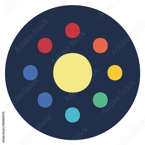 Central yellow circle surrounded by a vibrant spectrum of orbiting colorful dots in a dark blue field