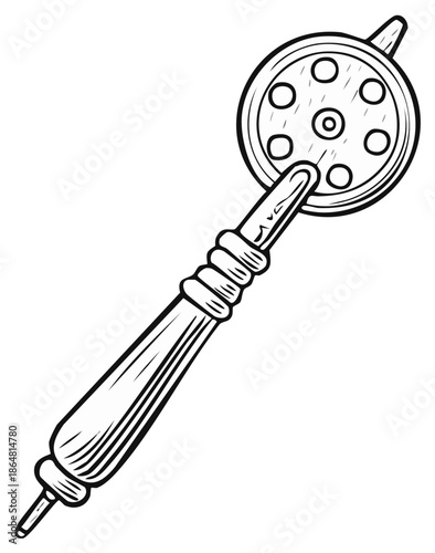 Antique Ice Fishing Rod Reel Hand Drawn Illustration in Black and White Line Art