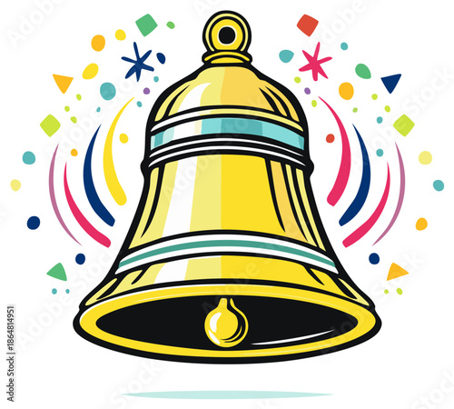 Celebratory golden bell illustration with ringing sound waves and festive party confetti
