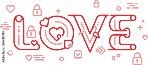 Vector art of red love text with heart icons and symbols